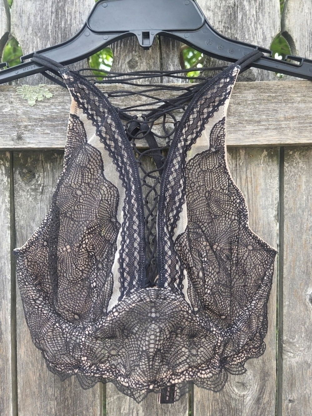 Victoria's Secret Black Lace Over Nude Camisole with Lace-Up Back